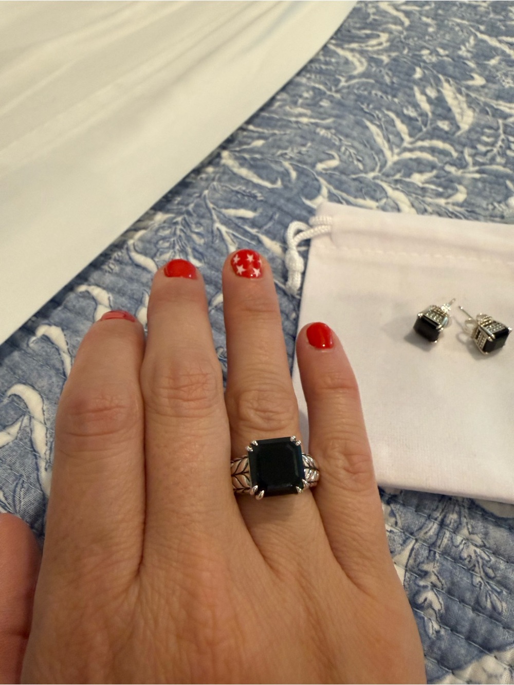 JAI Sterling Silver Asscher Cut Gemstone Ring and Earring Set
